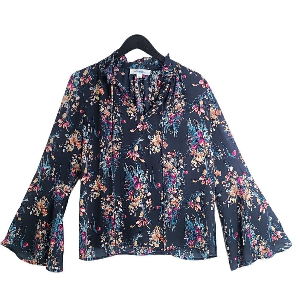 Alice Blue Navy Dainty Yellow Floral Bell Sleeve Boho Top
